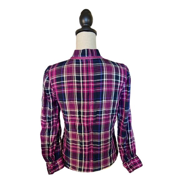 Chicos Womens Shirt Small Ruffled Purple Black Plaid Button-Up Preppy Academia - Picture 2 of 8